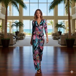 Boutique Floral Front-Knot Maxi Dress | 3/4 Sleeves | Size Small | 55" Length